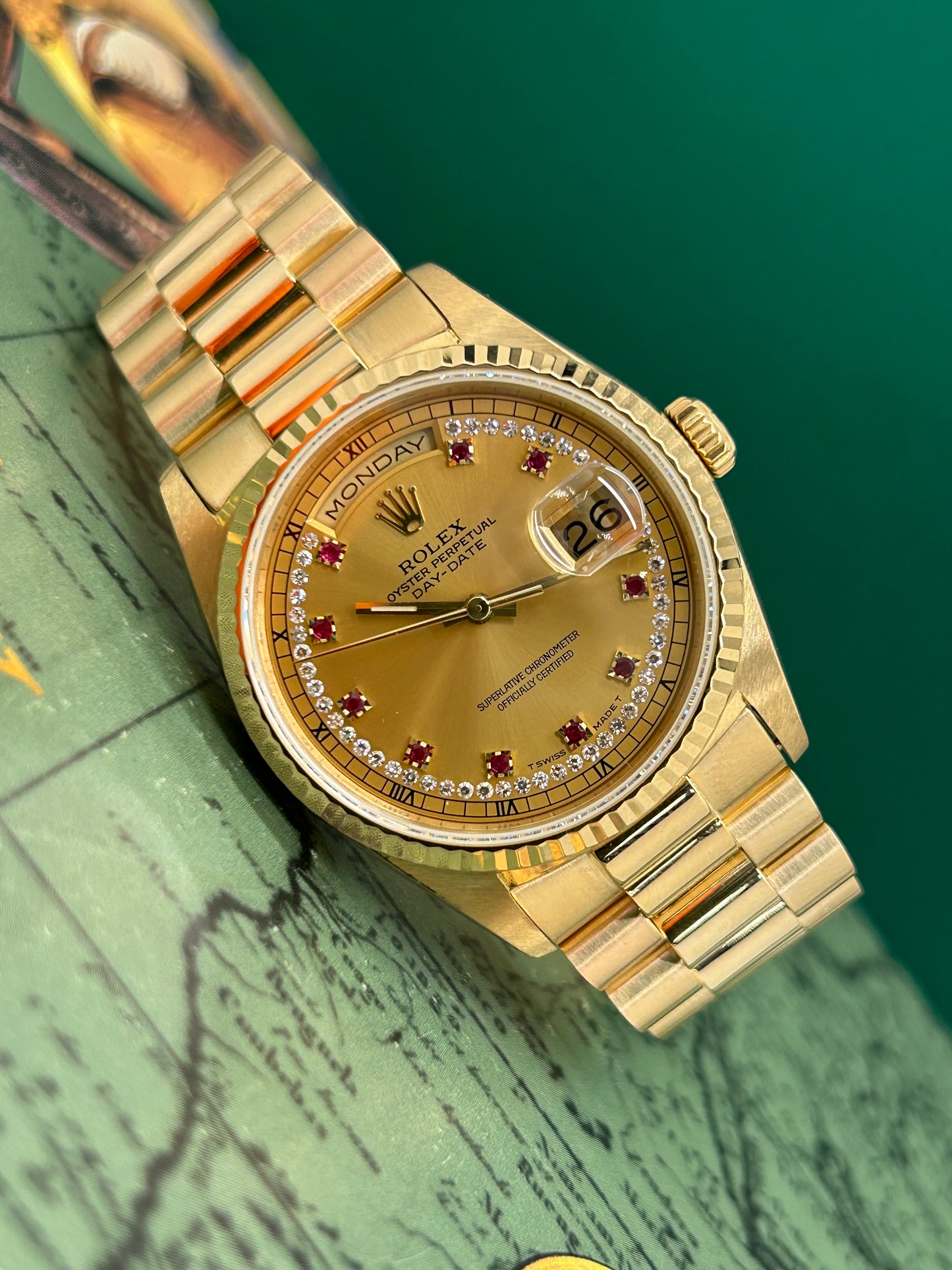 Rolex Day-Date 36 Ref 18238 - Factory Diamonds & Rubins Dial - Year 1992