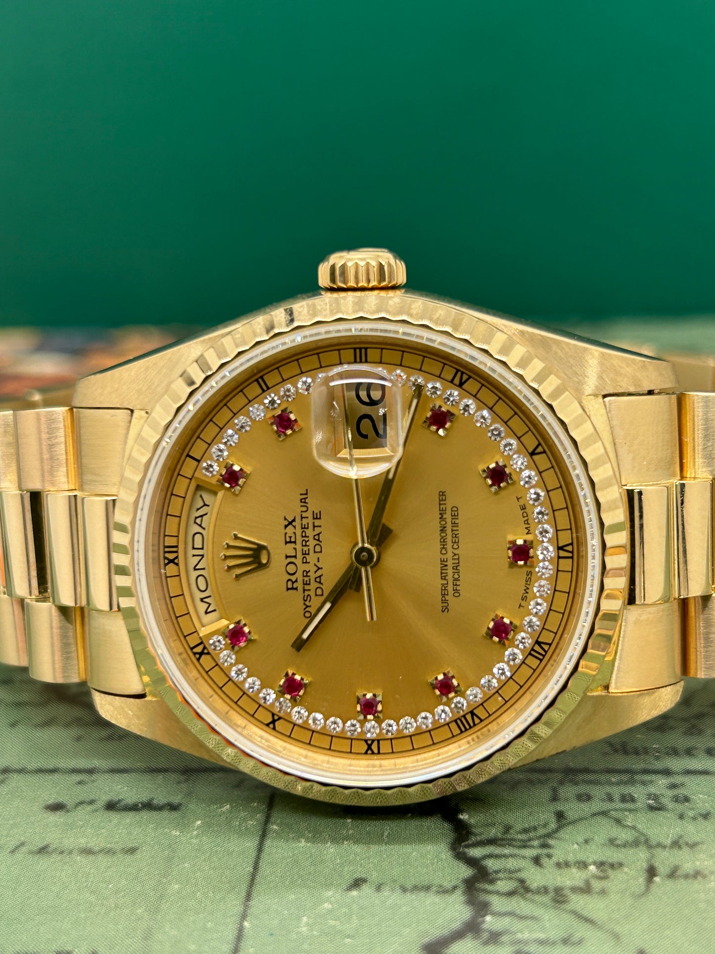 Rolex Day-Date 36 Ref 18238 - Factory Diamonds & Rubins Dial - Year 1992
