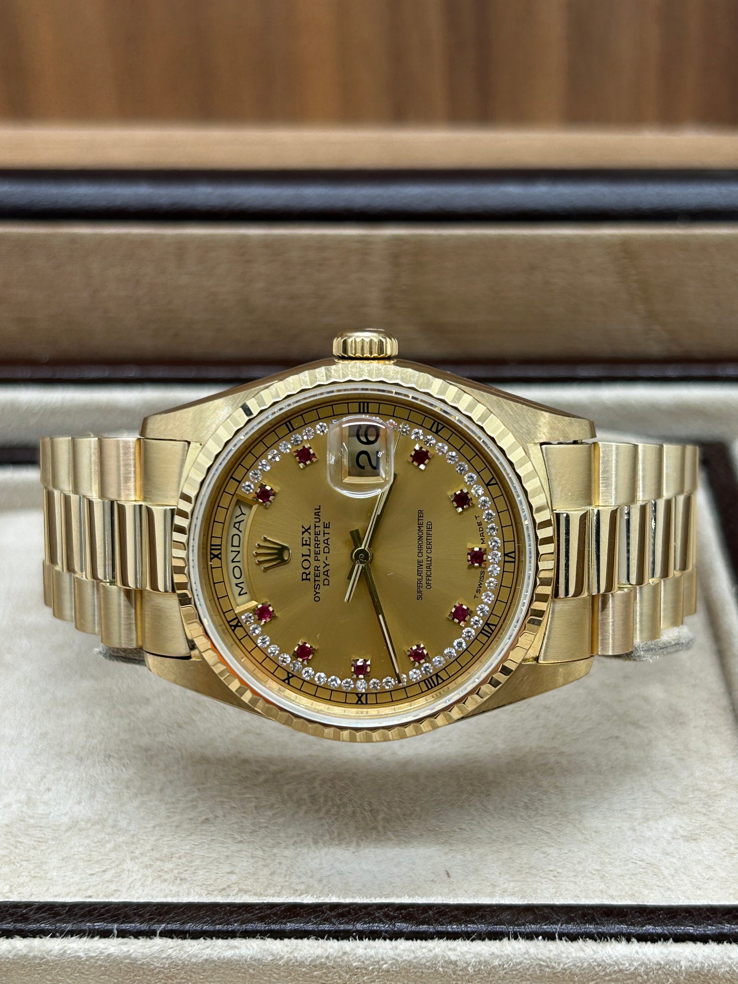 Rolex Day-Date 36 Ref 18238 - Factory Diamonds & Rubins Dial - Year 1992