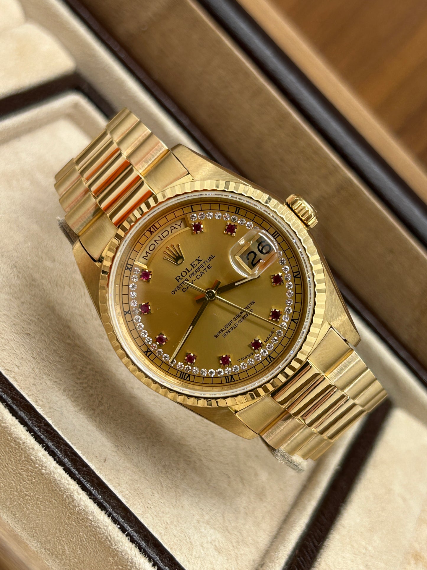 Rolex Day-Date 36 Ref 18238 - Factory Diamonds & Rubins Dial - Year 1992