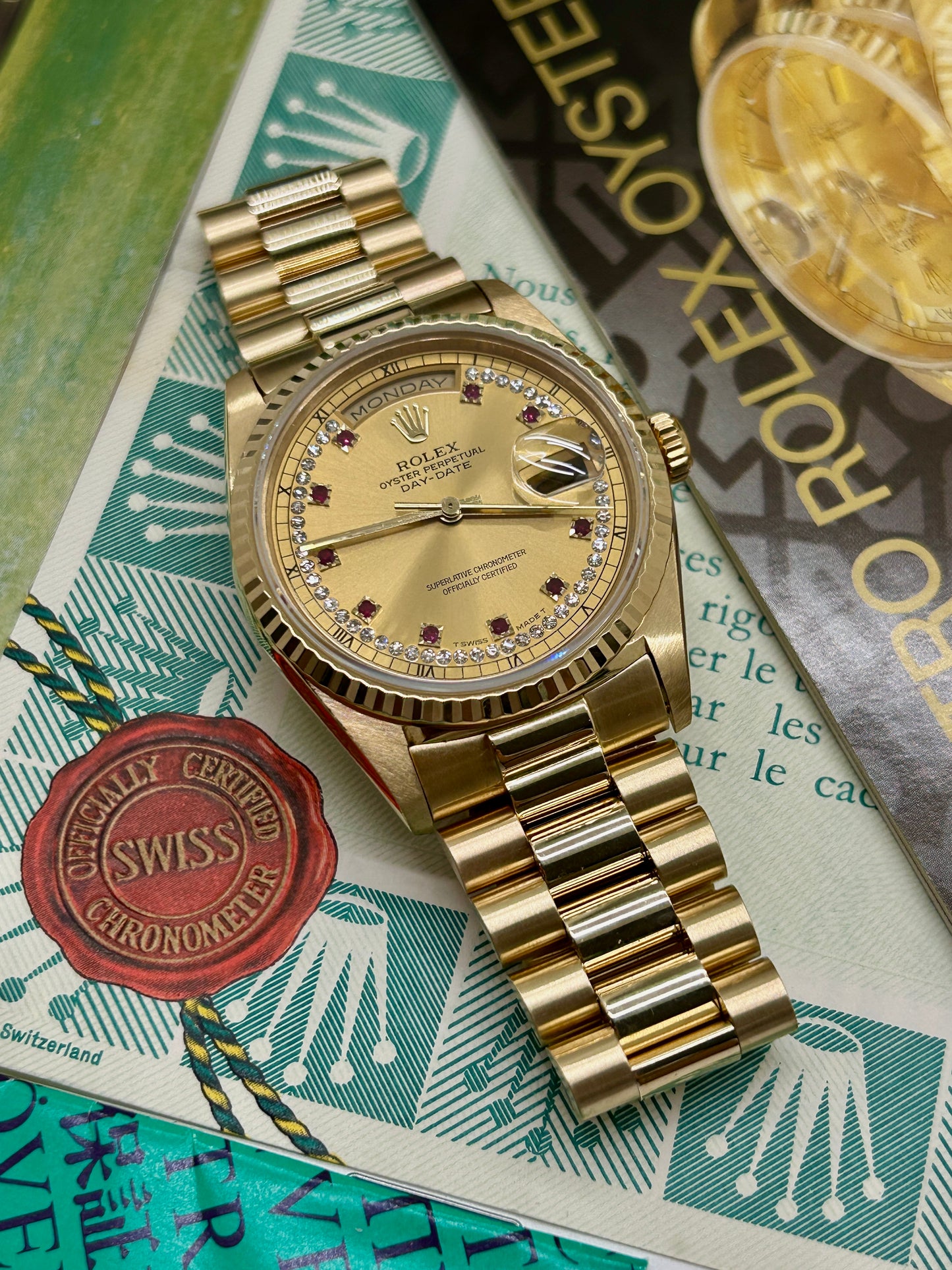 Rolex Day-Date 36 Ref 18238 - Factory Diamonds & Rubins Dial - Year 1992