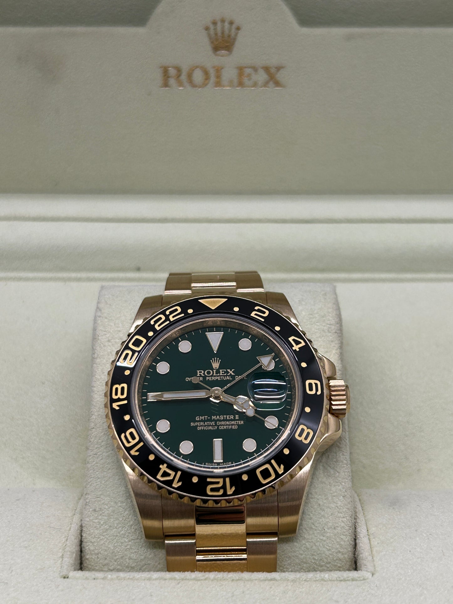Rolex GMT-Master II - 18Kt Yellow Gold- Green Dial - Ref 116718LN - Year 2015