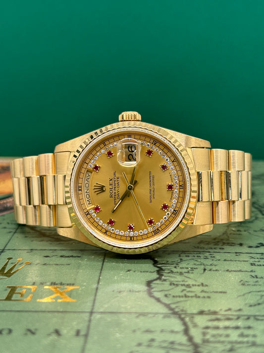 Rolex Day-Date 36 Ref 18238 - Factory Diamonds & Rubins Dial - Year 1992