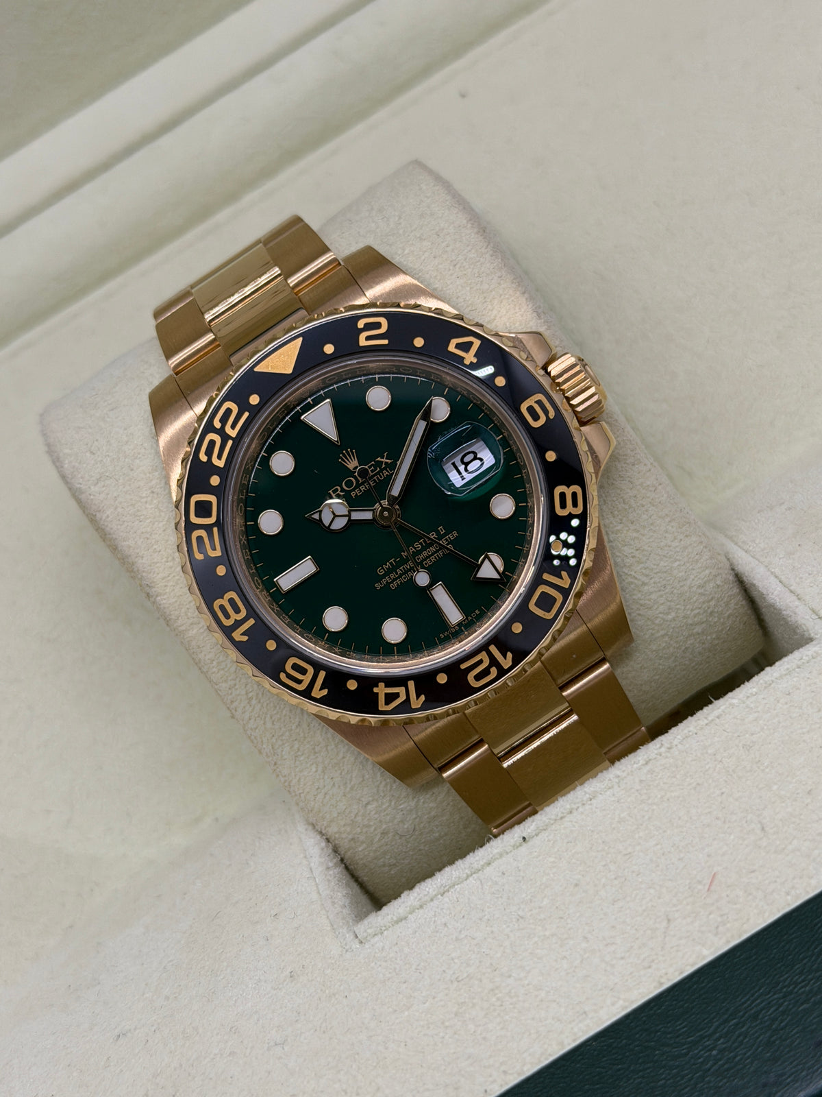 Rolex GMT-Master II - 18Kt Yellow Gold- Green Dial - Ref 116718LN - Year 2010