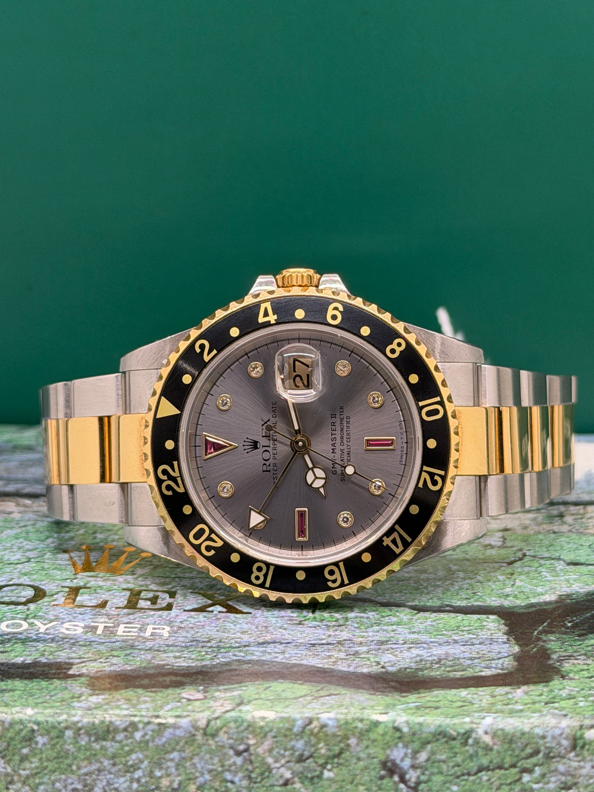 Rolex GMT-Master II Rare Grey Ruby Serti Dial - Unpolished - Year 2003 Ref 16713 - Yellow Gold & Steel