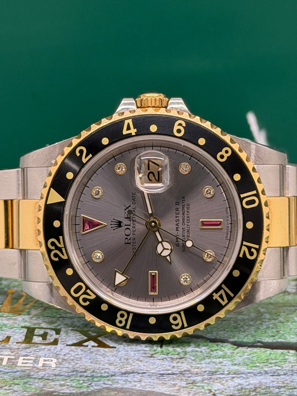 Rolex GMT-Master II Rare Grey Ruby Serti Dial - Unpolished - Year 2003 Ref 16713 - Yellow Gold & Steel