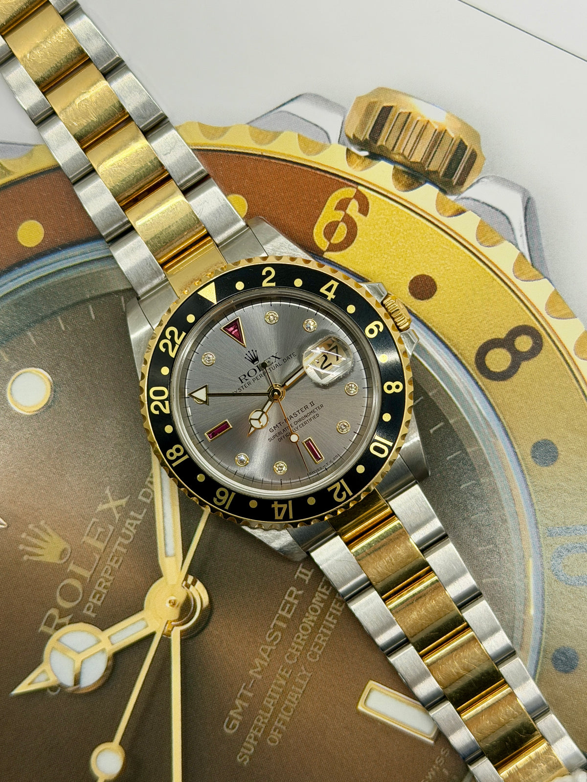 Rolex GMT-Master II Rare Grey Ruby Serti Dial - Unpolished - Year 2003 Ref 16713 - Yellow Gold & Steel