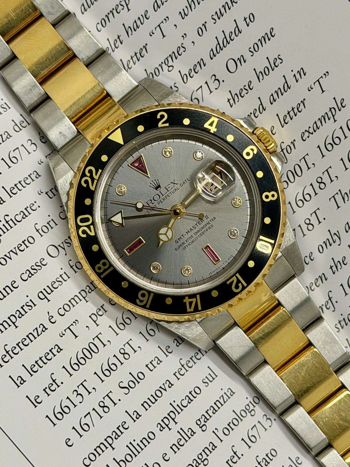 Rolex GMT-Master II Rare Grey Ruby Serti Dial - Unpolished - Year 2003 Ref 16713 - Yellow Gold & Steel