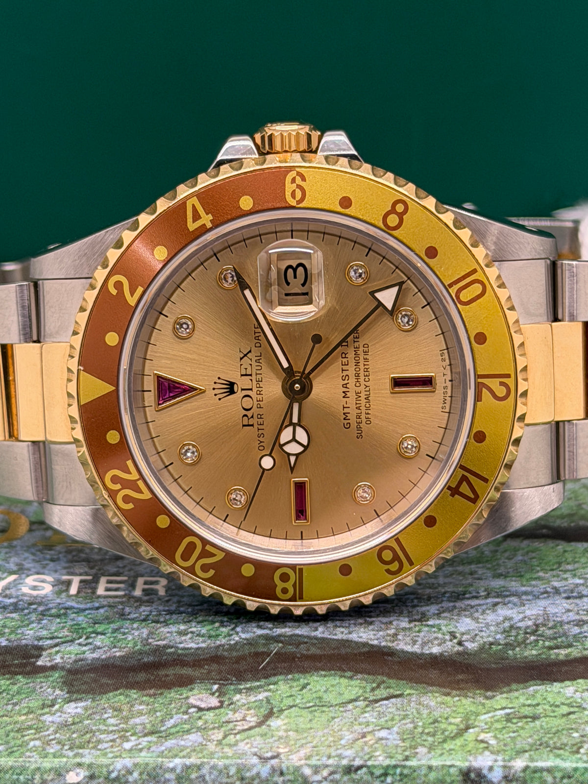 Rolex GMT-Master II Champagne Ruby Serti Dial - Yelllow Gold & Steel - Year 1998 Ref 16713