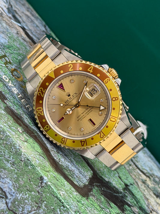 Rolex GMT-Master II Champagne Ruby Serti Dial - Yelllow Gold & Steel - Year 1998 Ref 16713