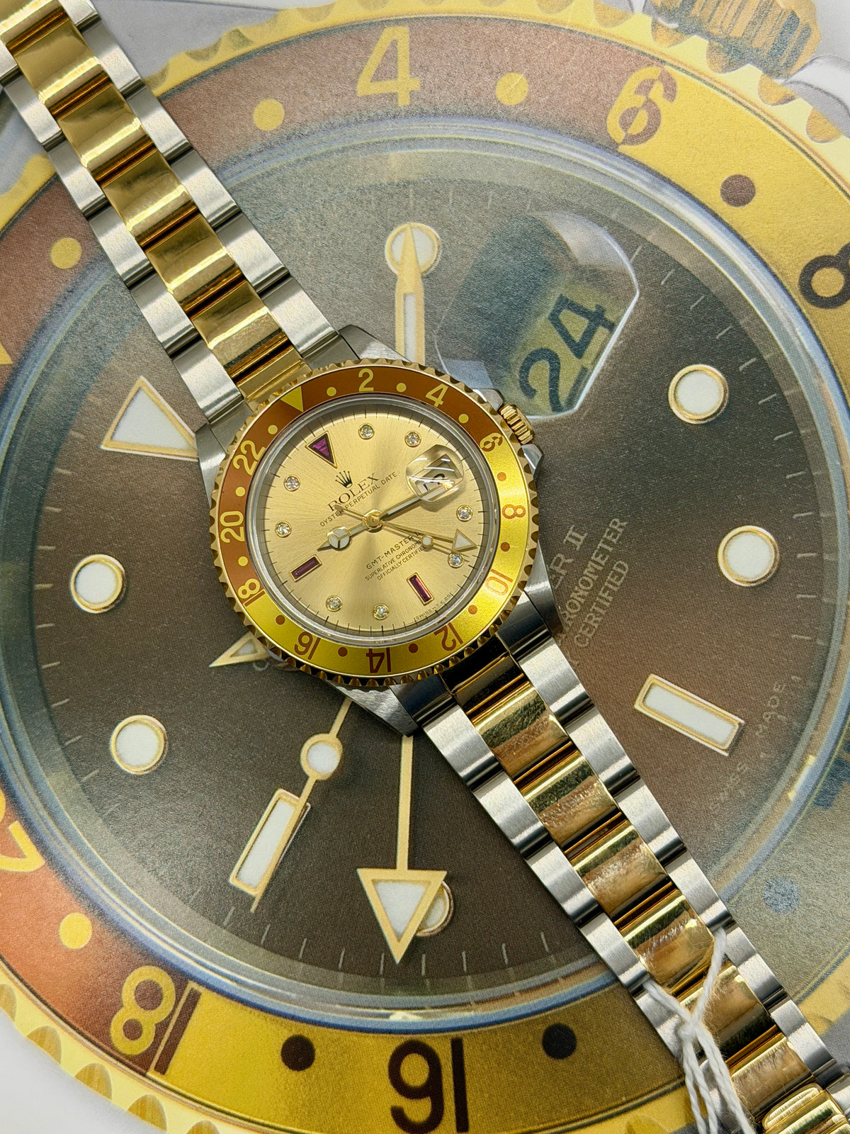 Rolex GMT-Master II Champagne Ruby Serti Dial - Yelllow Gold & Steel - Year 1998 Ref 16713