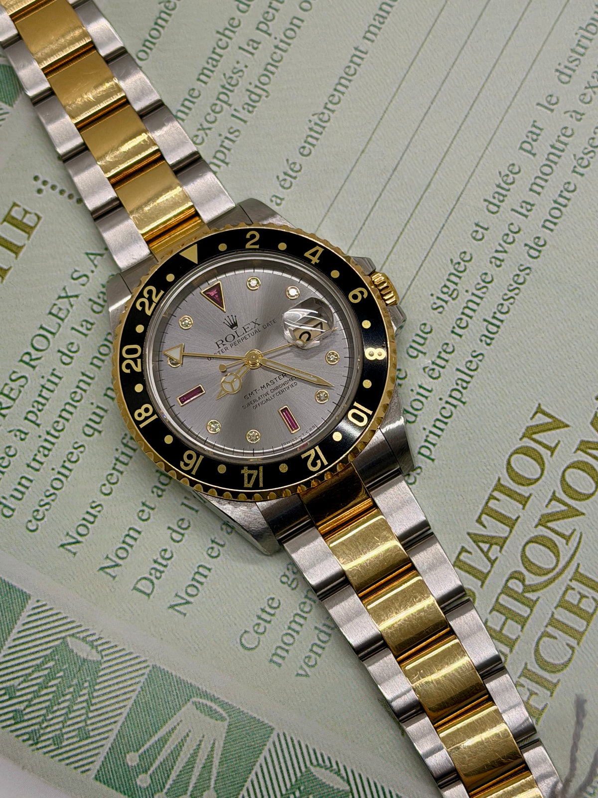 Rolex GMT-Master II Champagne Ruby Serti Dial - Yelllow Gold & Steel - Year 1998 Ref 16713