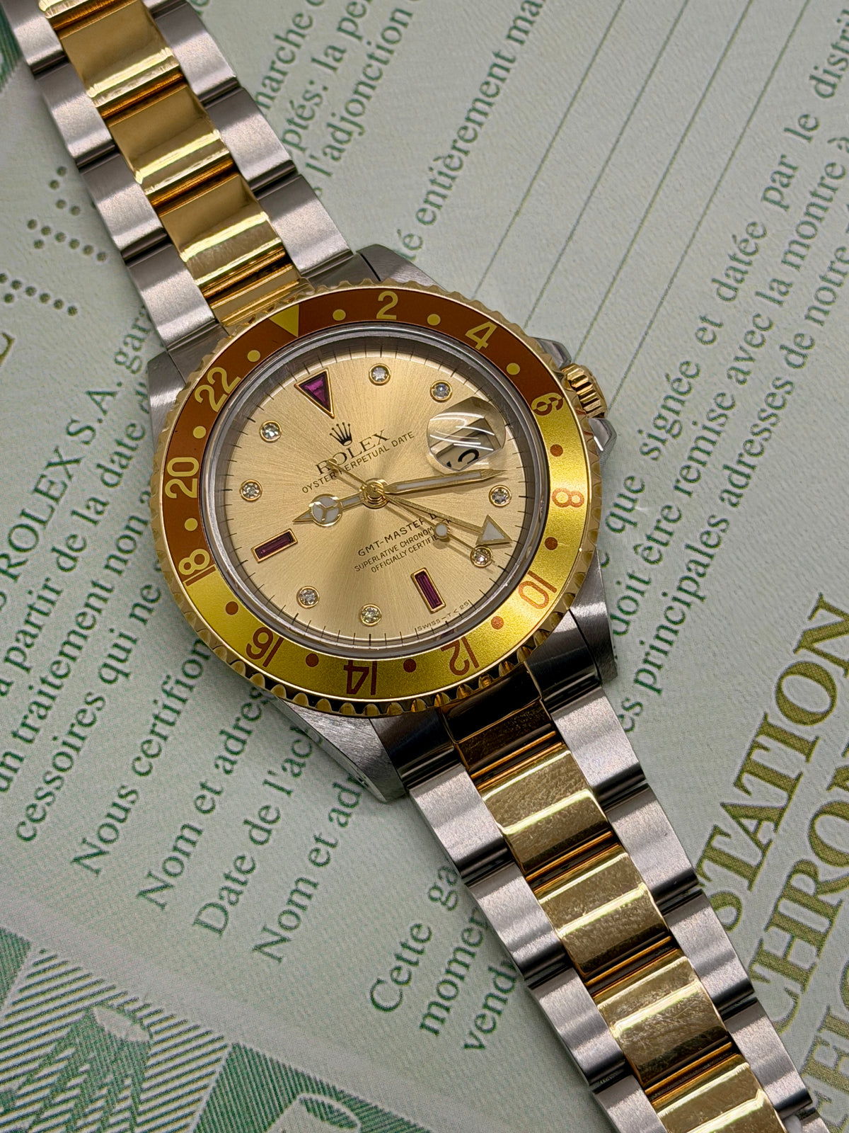 Rolex GMT-Master II Champagne Ruby Serti Dial - Yelllow Gold & Steel - Year 1998 Ref 16713