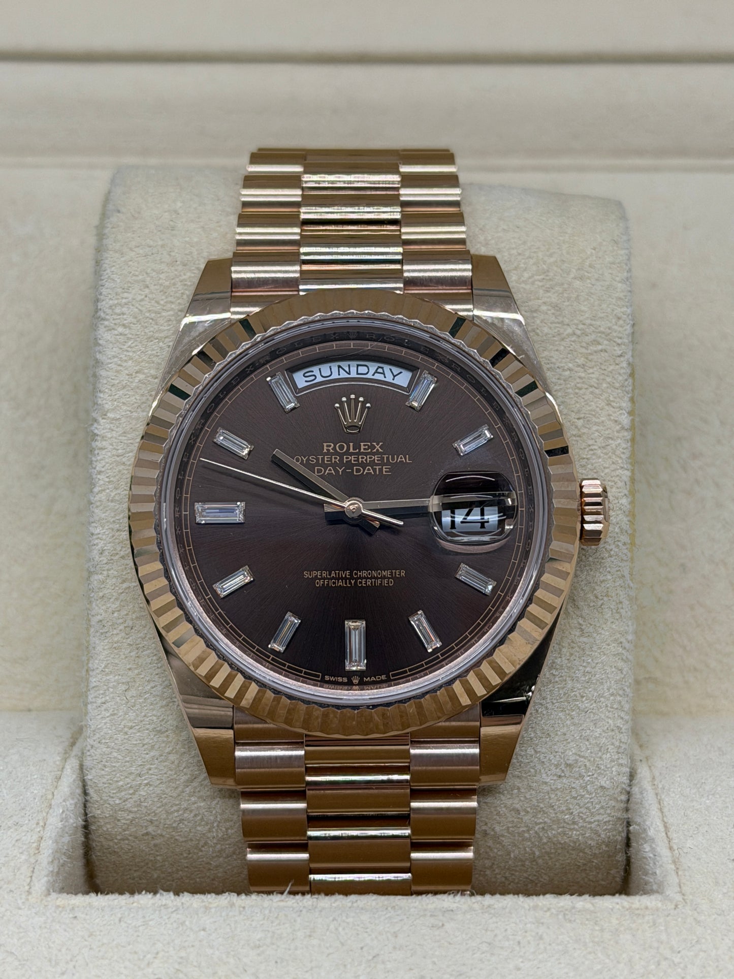 Rolex Day-Date 40 Chocolate Baguette Diamonds Dial Ref 228235 - Year 2022