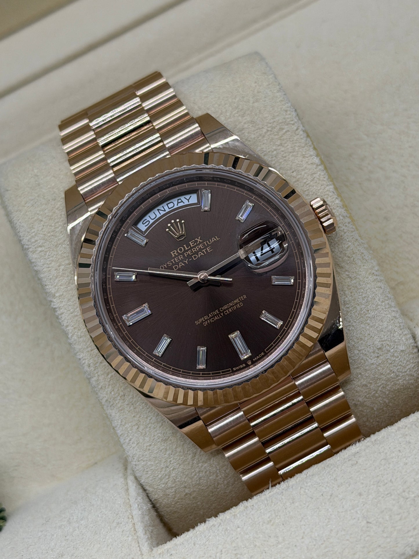 Rolex Day-Date 40 Chocolate Baguette Diamonds Dial Ref 228235 - Year 2022