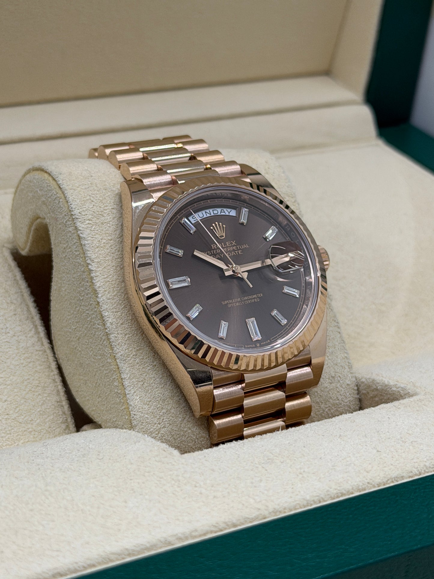Rolex Day-Date 40 Chocolate Baguette Diamonds Dial Ref 228235 - Year 2022