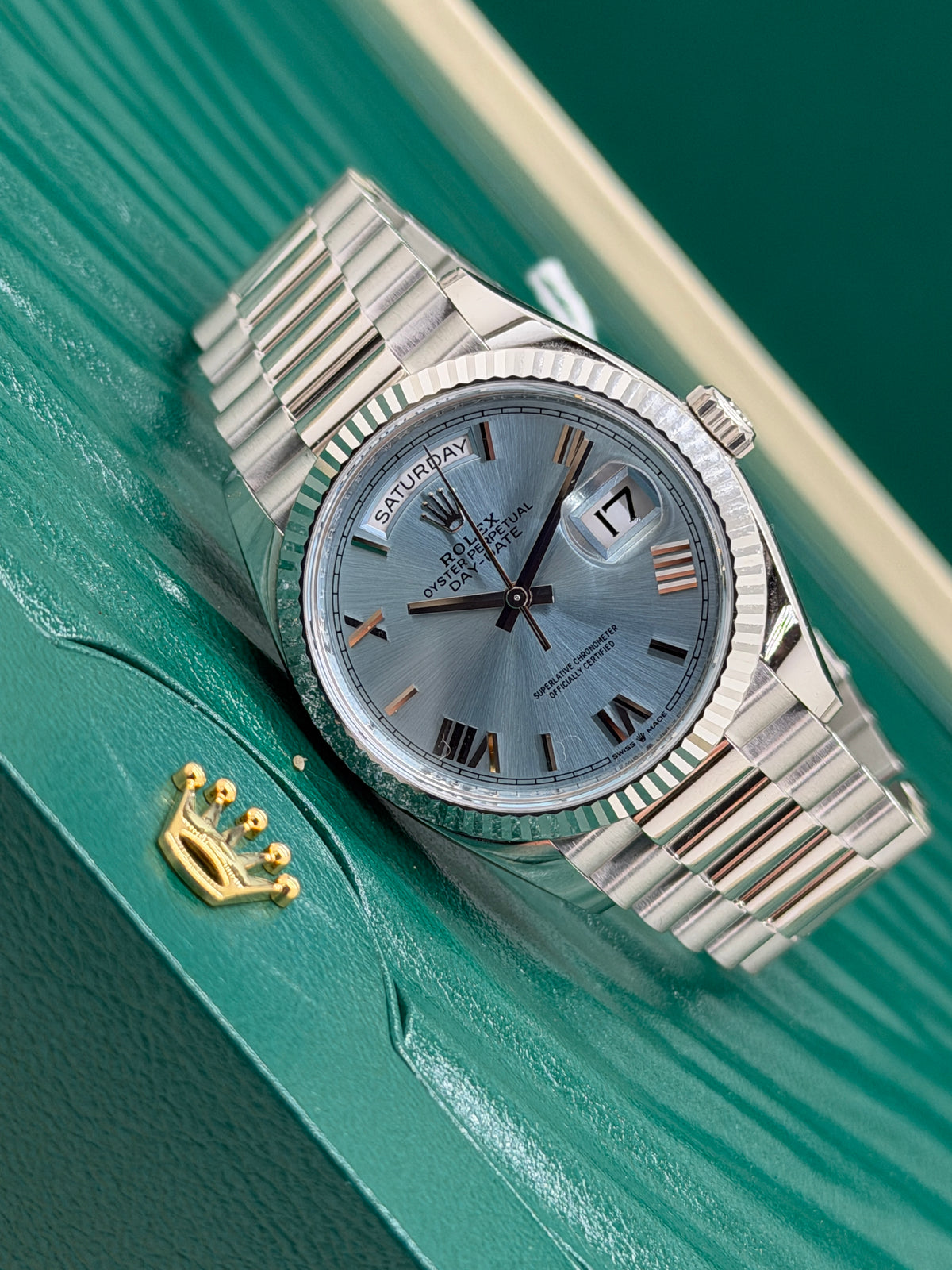 Rolex Day-Date 36 - Platinum - Blue Ice dial - Ref 128236 - Year 2022 - Never Polished