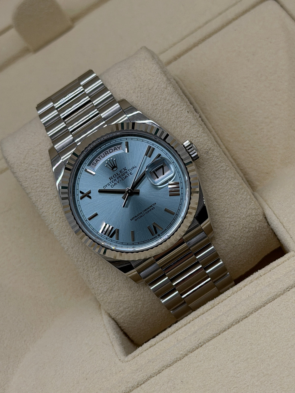 Rolex Day-Date 36 - Platinum - Blue Ice dial - Ref 128236 - Year 2022 - Never Polished