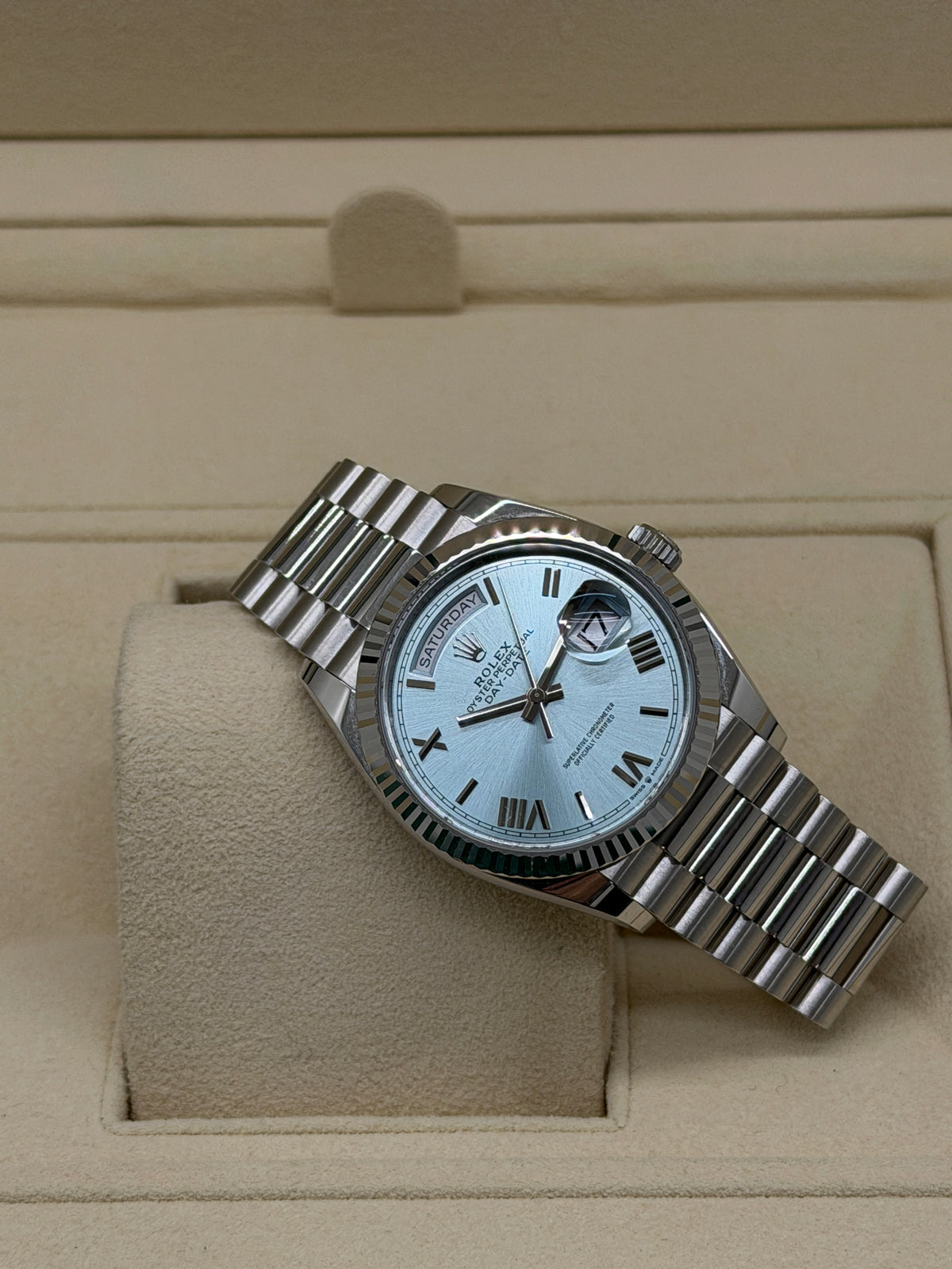 Rolex Day-Date 36 - Platinum - Blue Ice dial - Ref 128236 - Year 2022 - Never Polished