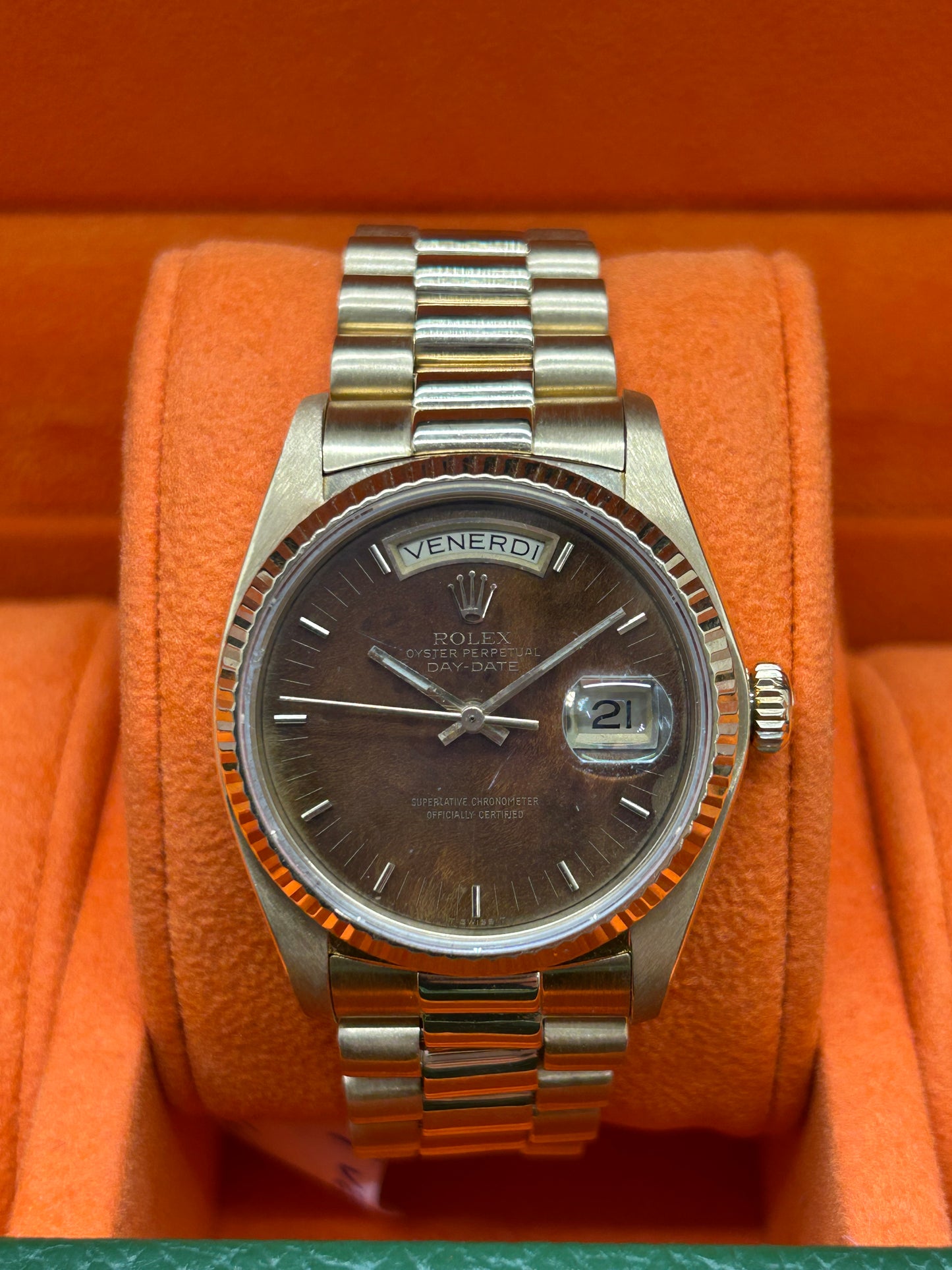 Rolex Day-Date 36 - 18Kt Yellow Gold - Brown Wood Dial - Circa 1979