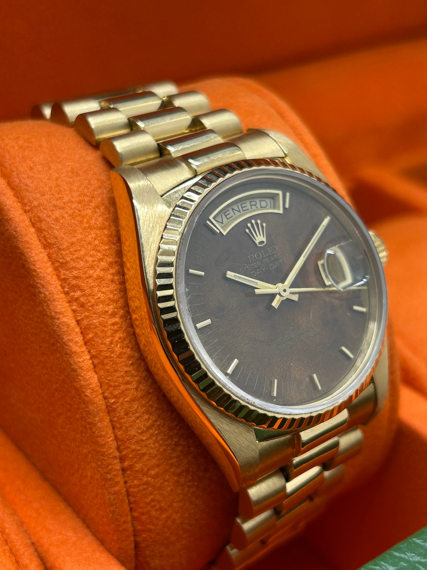 Rolex Day-Date 36 - 18Kt Yellow Gold - Brown Wood Dial - Circa 1979