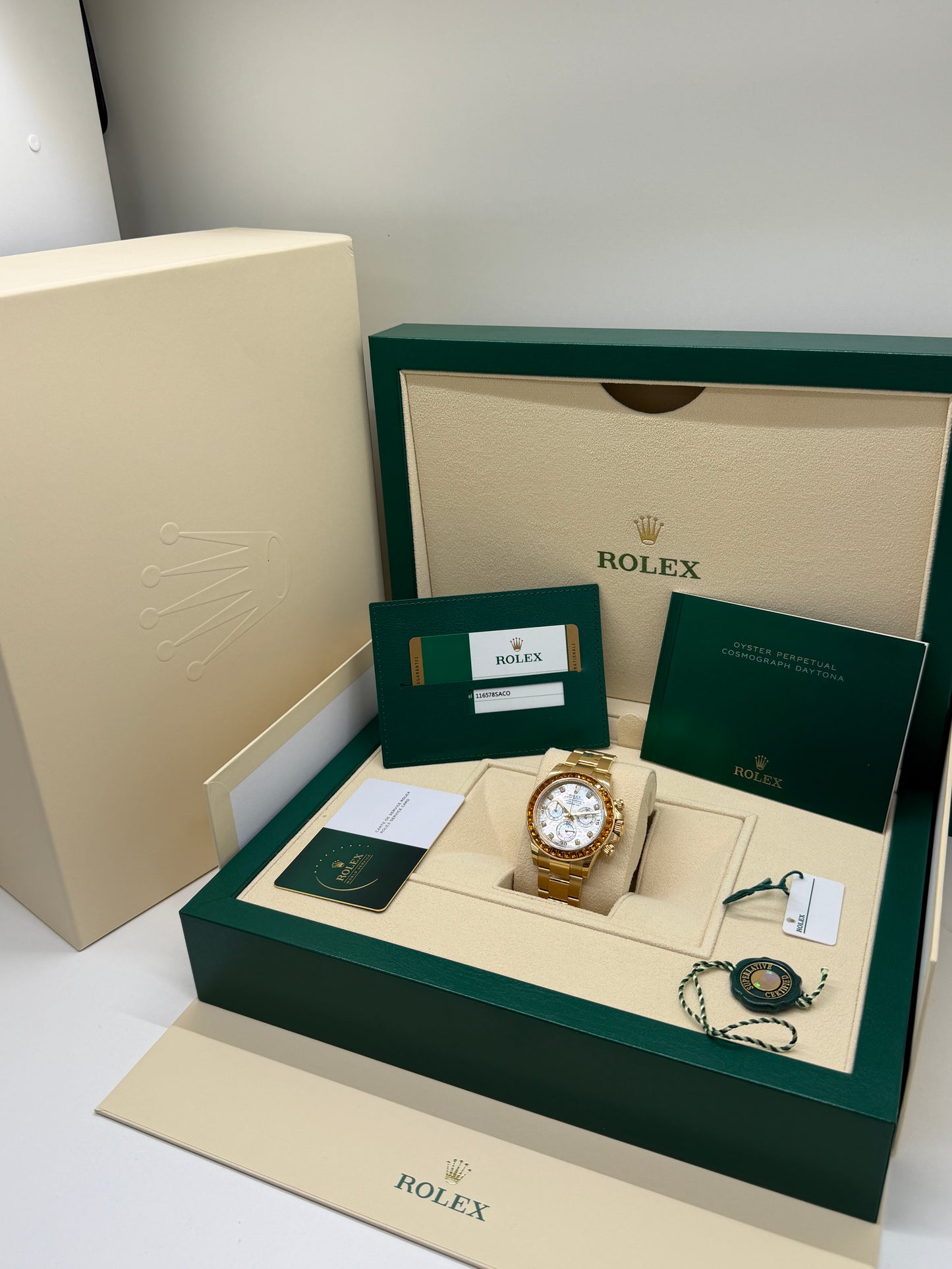 Rolex Daytona Orange Sapphire - SACO - NOS - Full Stickers Year 2019 Ref 116578SACO - Official Service