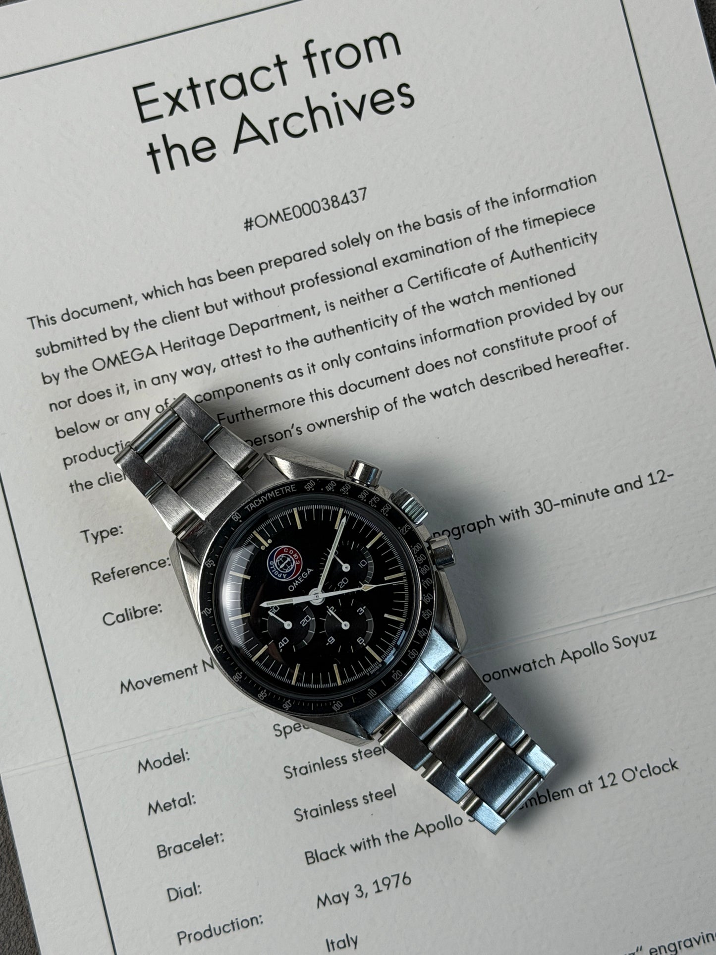 Omega Speedmaster Professional Moonwatch Apollo - Soyuz - Limited Edition Ita 500pz Ref. ST145.022 - Year 1976 - Omega Extract From The Archives